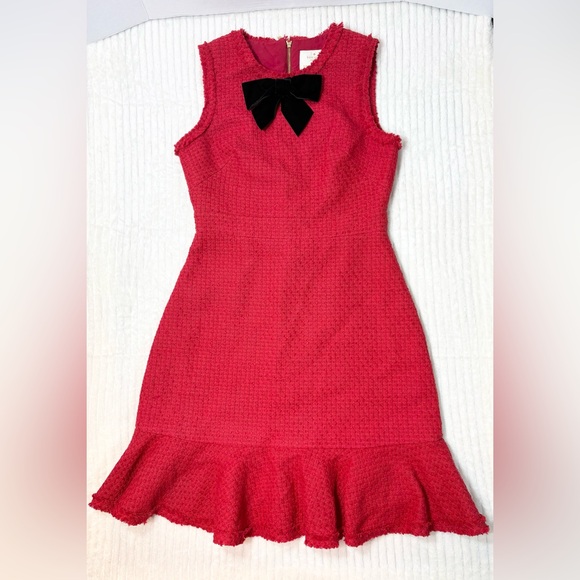 Kate Spade New York Red with Black Bow Sleeveless Fit and Flare Ruffle Tweed - Picture 2 of 11